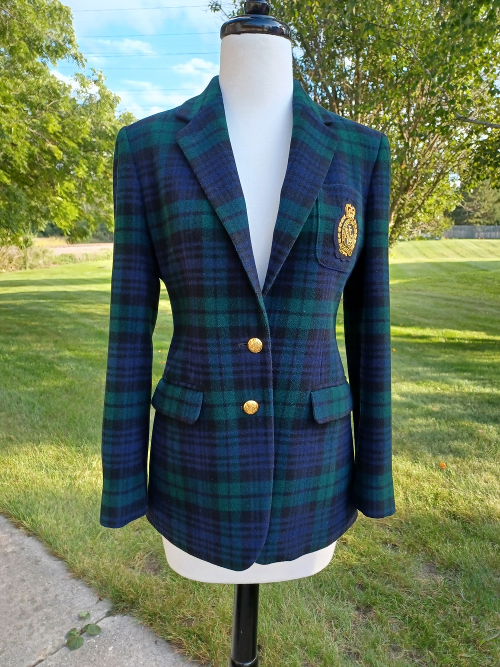 Polo Ralph Lauren Women's Plaid Bullion Crest Blazer Navy Wool/Cashmere Size 2P
